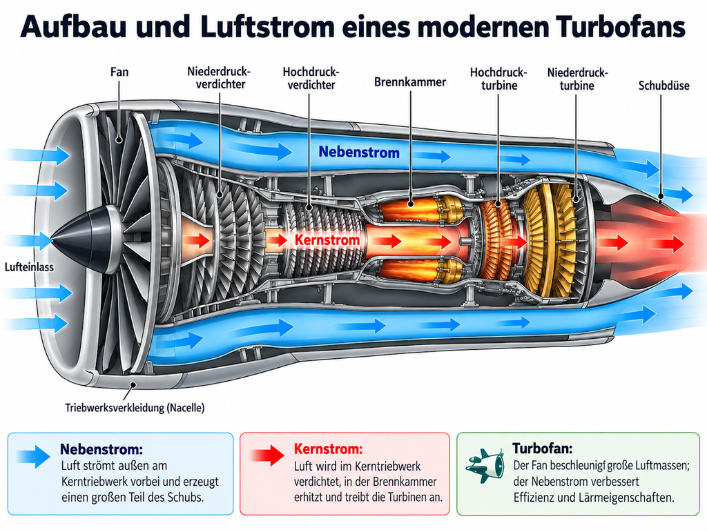 Aufbau und Luftstrom eines modernen Turbofans